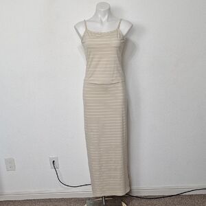 Stella Vintage Cream Striped Boho Coastal Top & Maxi Skirt Two Piece Set Size L